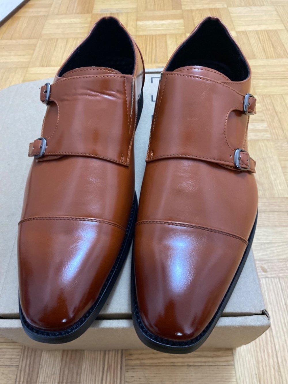 Men's Double Monk Strap Dress Shoes Tan Brown Cap Toe Classic Oxford Size 46 NEW